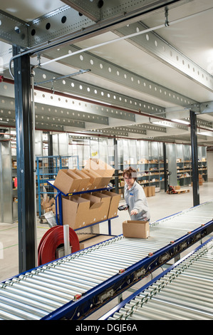 Female warehouse worker placing box onto conveyor belt Stock Photo