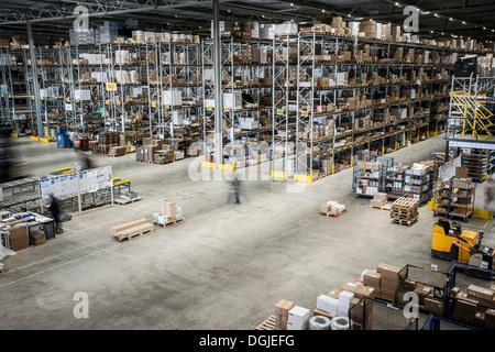 Vast distribution warehouse interior, elevated view
