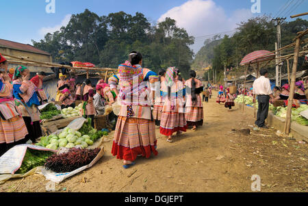 People's market, women in the costumes of the Hmong ethnic minority, Flower Hmong ethnic group, Sin Cheng, Si Ma Cai District Stock Photo