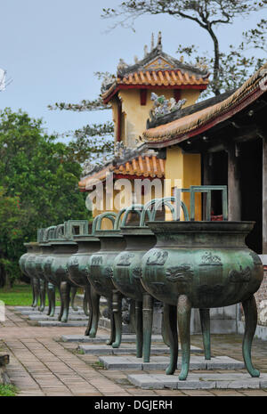 Nine Dynastic Urns in front of Hien Lam Pavilion in the Citadel, Imperial Palace of Hoang Thanh, Forbidden City, Hue Stock Photo