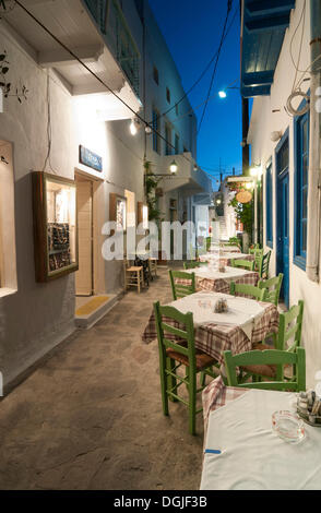 Empty Greek restaurant, tavern, Mykonos island, Cyclades, Greece, Europe Stock Photo