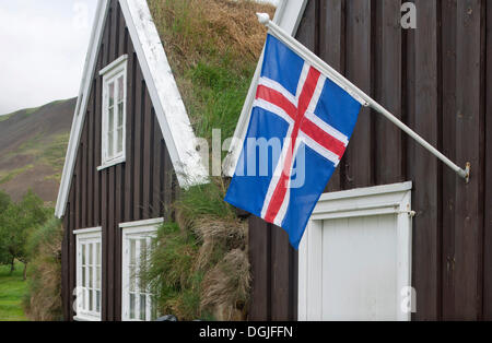 Icelandic flag at a museum, Hrafnseyri, Westfjords or West Fjords, Iceland, Europe Stock Photo