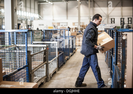 Male warehouse worker lifting cardboard box onto distribution trolley Stock Photo