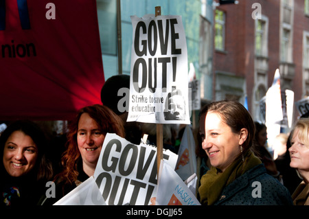 October 17th 2013. Teachers demonstrate against proposed changes to pensions, holding placards saying 'Gove out'. Stock Photo