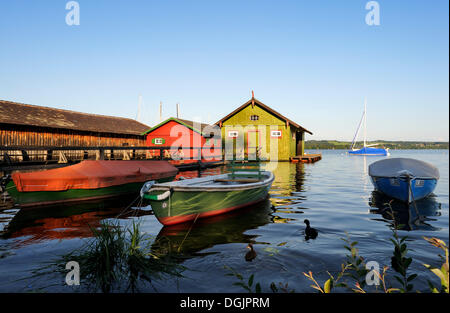 Boat houses near Schondorf, Lake Ammersee, Fuenfseenland area, Upper Bavaria, Bavaria Stock Photo