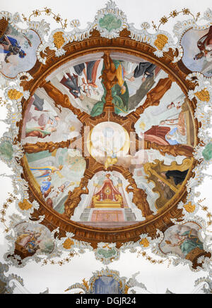 Ceiling fresco of Holy Spirit hospital church, Fuessen, Fussen, Ostallgaeu region, Allgaeu, Swabia, Bavaria Stock Photo