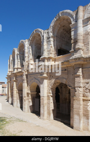 Exterior arcades of the Arena of Arles, France. Stock Photo