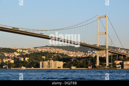 Bosphorus Bridge and Beylerbeyi Palace on the Asian shore, seen from Ortakoey, Istanbul, European side, Istanbul Province Stock Photo