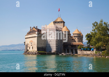 Chillon Castle on the shore of the Lake Leman in Switzerland. Stock Photo