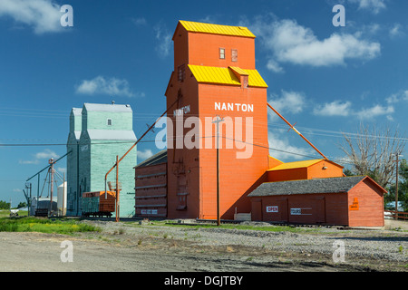 Prairie grain elevators at Nanton, Alberta, Canada. Stock Photo