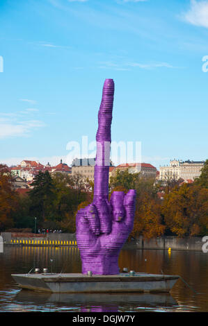 David Cerny's sculpture middle finger pointing at the castle which is the presidential and government office, Prague Czech Republic Europe Stock Photo