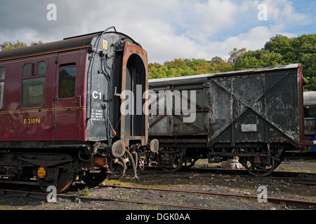 Old train carriage carriages awaiting restoration Grosmont Goods Yard North Yorkshire Moors Railway NYMR North Yorkshire England UK United Kingdom Stock Photo