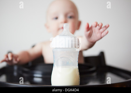 Baby boy sitting in high chair reaching for baby bottle Stock Photo