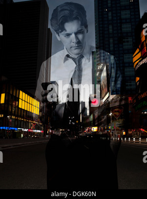 Double exposure of stressed businessman with smartphone against city scene Stock Photo