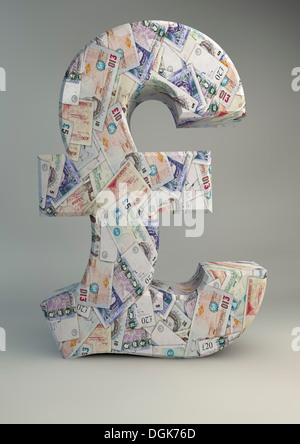 Model of pound sign wallpapered with British bank notes Stock Photo