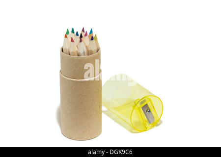 Several coloured pencils in a round cardboard box, isolated on white background Stock Photo