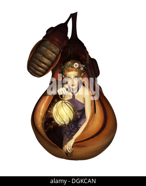 3d computer graphics of a female elf sitting with a lantern in a cocoon Stock Photo