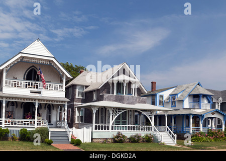 Historic Gingerbread Cottages in Oak Bluffs. Stock Photo
