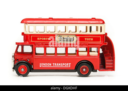 Matchbox diecast replica of London Transport double decker bus with advertising on the side for Hamleys Toy Shop Stock Photo