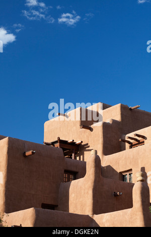 Pueblo Revival adobe architecture in Santa Fe in New Mexico. Stock Photo