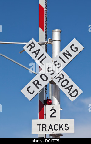 Railroad crossing in the Railyard District of Santa Fe in New Mexico. Stock Photo