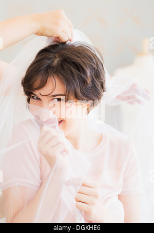 Portrait of a beautiful bride with veil covering face Stock Photo - Alamy