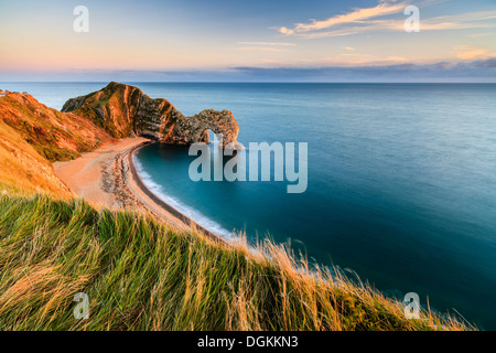 A view of Durdle Door from the clifftop path. Stock Photo