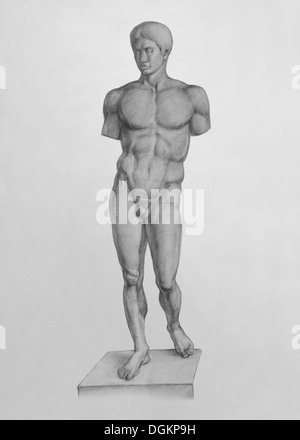 Plaster Replica of the Doryphoros of Polykleitos (Sculpture). It is a Pencil Drawing Stock Photo