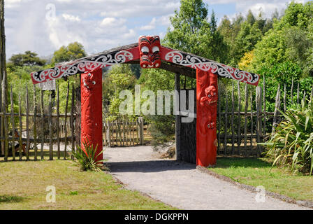 Replica of a Maori settlement, partial view, Wairakei Terraces, Wairakei, North Island, New Zealand Stock Photo