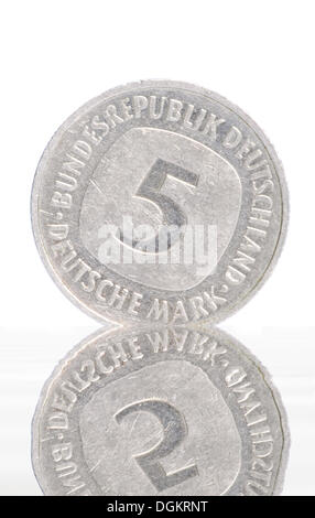 Five-mark piece, 5 Deutsche Mark, German Mark, with reflection Stock Photo