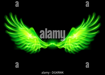 Illustration of green fire wings on black background. Stock Photo