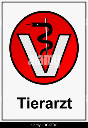 Veterinary sign, serpent-entwined staff of Aesculapius above the letter V, labelled Tierarzt, German for Veterinarian Stock Photo
