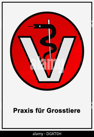 Veterinary sign, serpent-entwined staff of Aesculapius above the letter V, labelled Praxis fuer Grosstiere Stock Photo