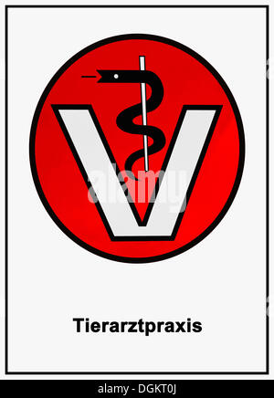 Veterinary sign, serpent-entwined staff of Aesculapius above the letter V, labelled Tierarztpraxis Stock Photo