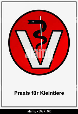 Veterinary sign, serpent-entwined staff of Aesculapius above the letter V, labelled Praxis fuer Kleintiere Stock Photo