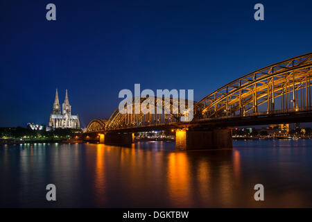View from Cologne-Deutz to the Wallraf-Richartz-Museum, Koelner Dom, Cologne Cathedral and the Deutz Bridge, at night, Cologne Stock Photo