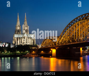 View across the Rhine River towards Museum Ludwig, Cologne Cathedral and Hohenzollern Bridge, North Rhine-Westphalia Stock Photo