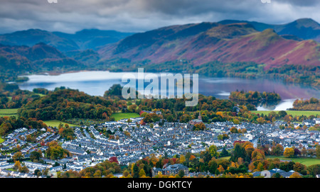 View over Keswick and Derwent Water from Latrigg summit towards Derwent Fells. Stock Photo