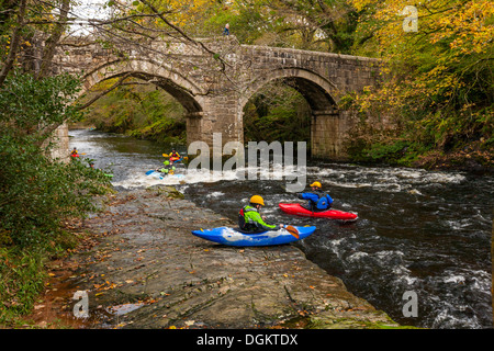 People kayaking on the river Dart near New Bridge in the Dartmoor National Park. Stock Photo
