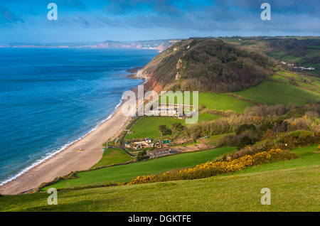 View of Branscombe Mouth and beach in South Devon from East Cliff. Stock Photo