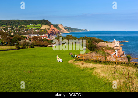 View from Peak Hill over town towards the red sandstone cliffs of the Jurassic Coast. Stock Photo