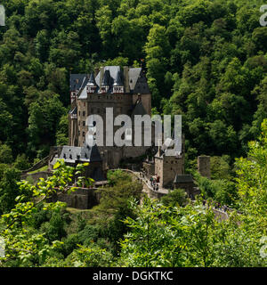 Burg Eltz castle from the Elz river valley, hilltop castle from the 12th century, Wierschem, Eifel, Rhineland-Palatinate Stock Photo