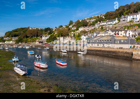 Pleasure craft and fishing boats moored in Looe harbour. Stock Photo