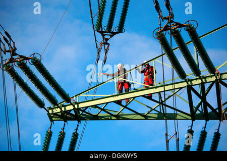 Industrial climbers on a transmission tower during maintenance, Hamburg, Hamburg, Hamburg, Germany Stock Photo