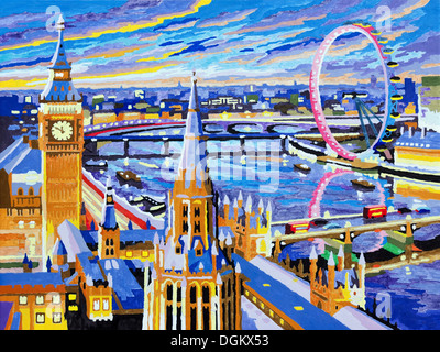 Romantic summer night in London. Acrylic handmade art painting picture Stock Photo