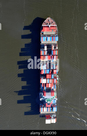 Aerial view, container ship on the Elbe River, with long shadows of the stacked containers, Hamburg, Hamburg, Germany