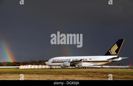 Airbus A380 for 'Singapore Airlines' on the factory airfield of Finkenwerder, Hamburg-Finkenwerder, Hamburg, Hamburg, Germany