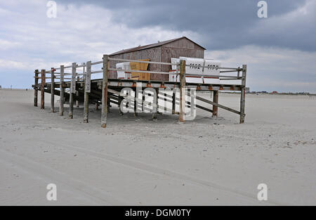 Building built on stilts, beach on the North Sea, St. Peter-Ording, Schleswig-Holstein Stock Photo