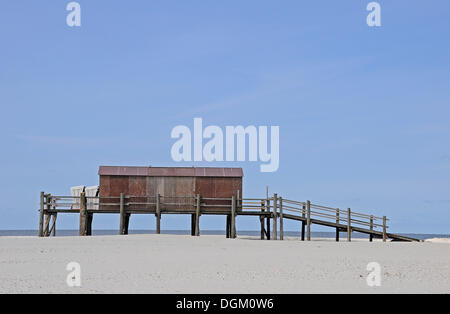 Building built on stilts, beach on the North Sea, St. Peter-Ording, Schleswig-Holstein Stock Photo