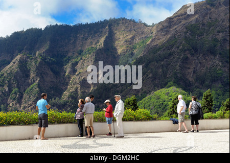 Curral das Freiras Madeira. Tourists viewing the mountain scenery also known as Nuns valley Stock Photo